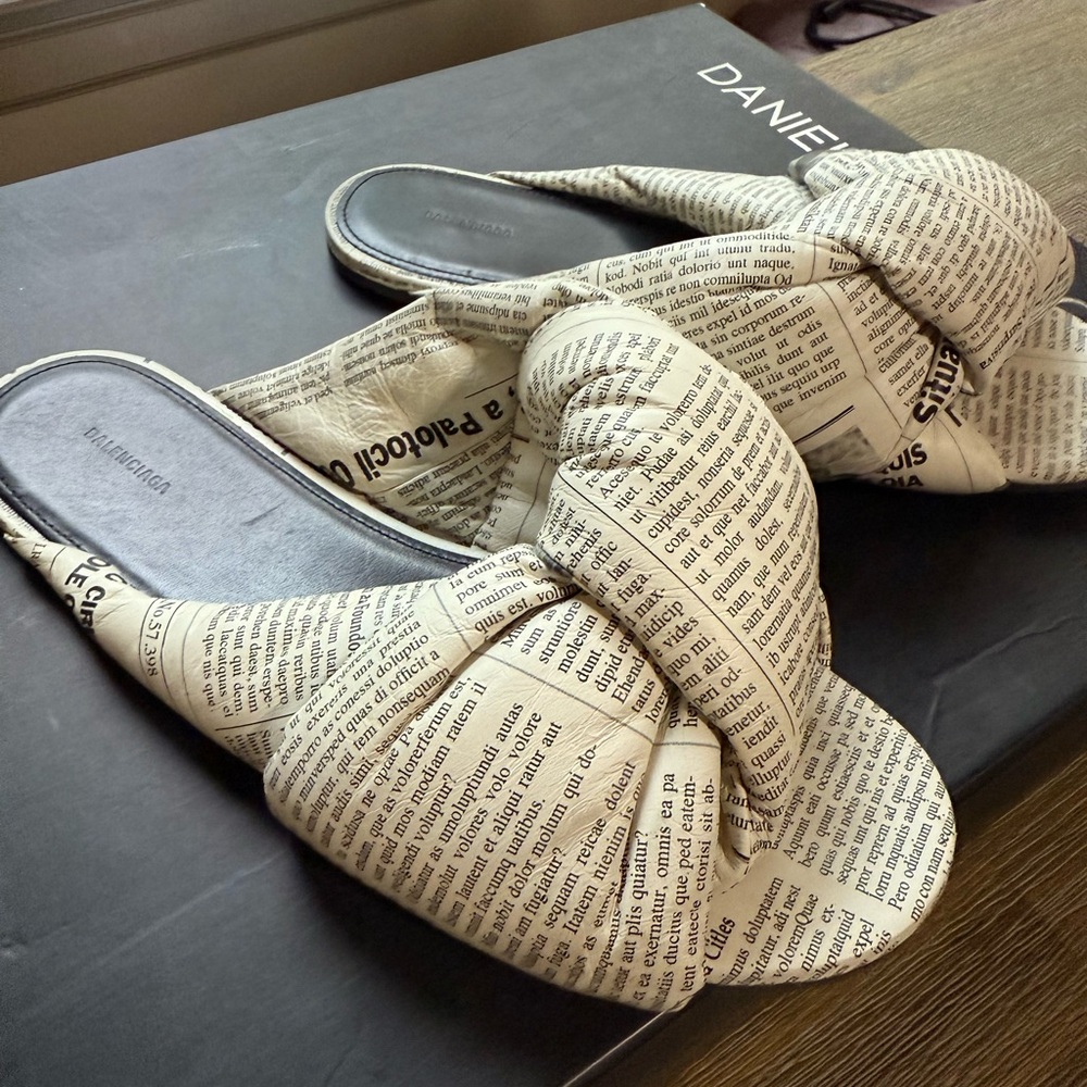 Balenciaga Cream Newspaper-Print Knotted Slide Sandals